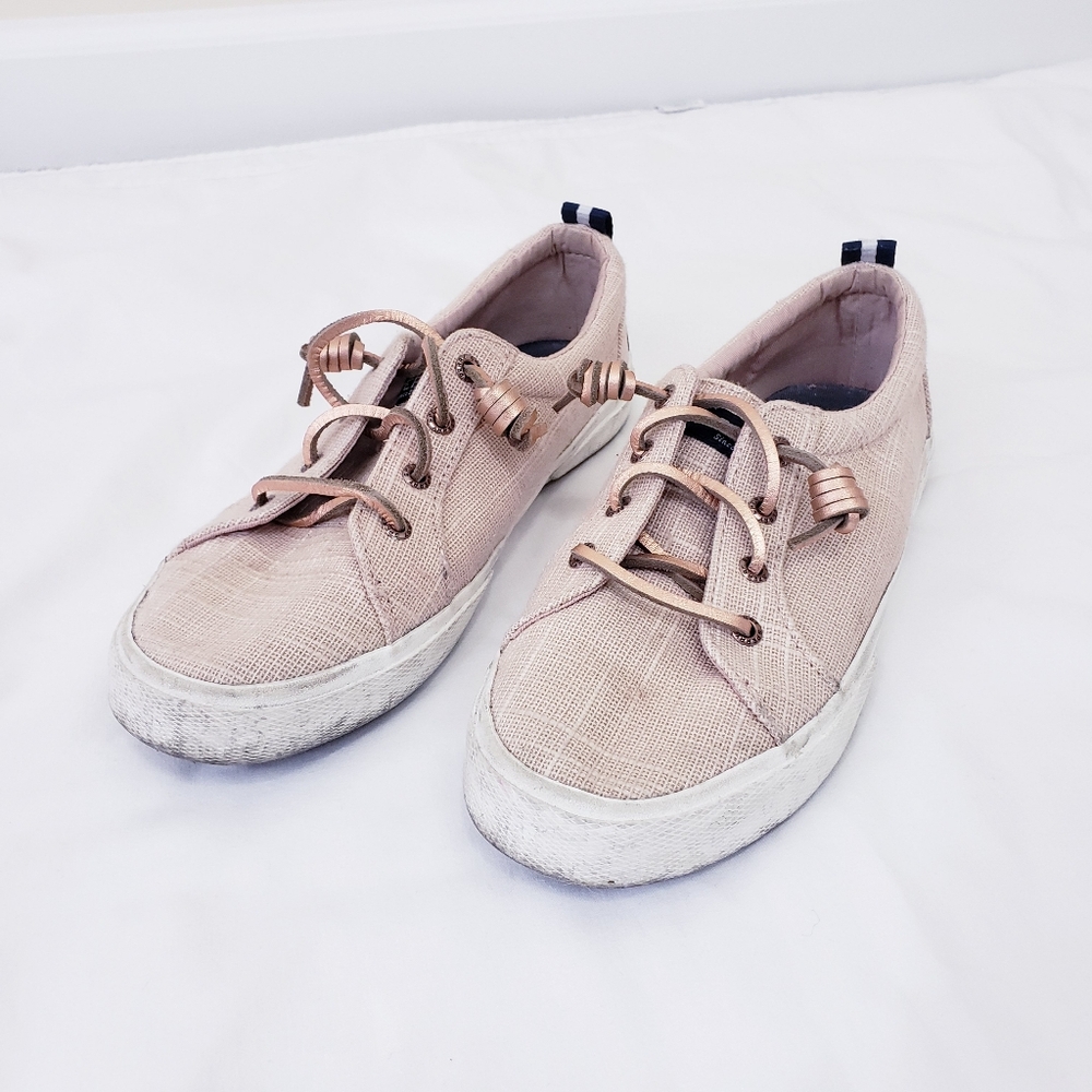 Sperry Crest Vibe Pier Wave Sneaker Slip On Tan Canvas Sparkle Size 7.5